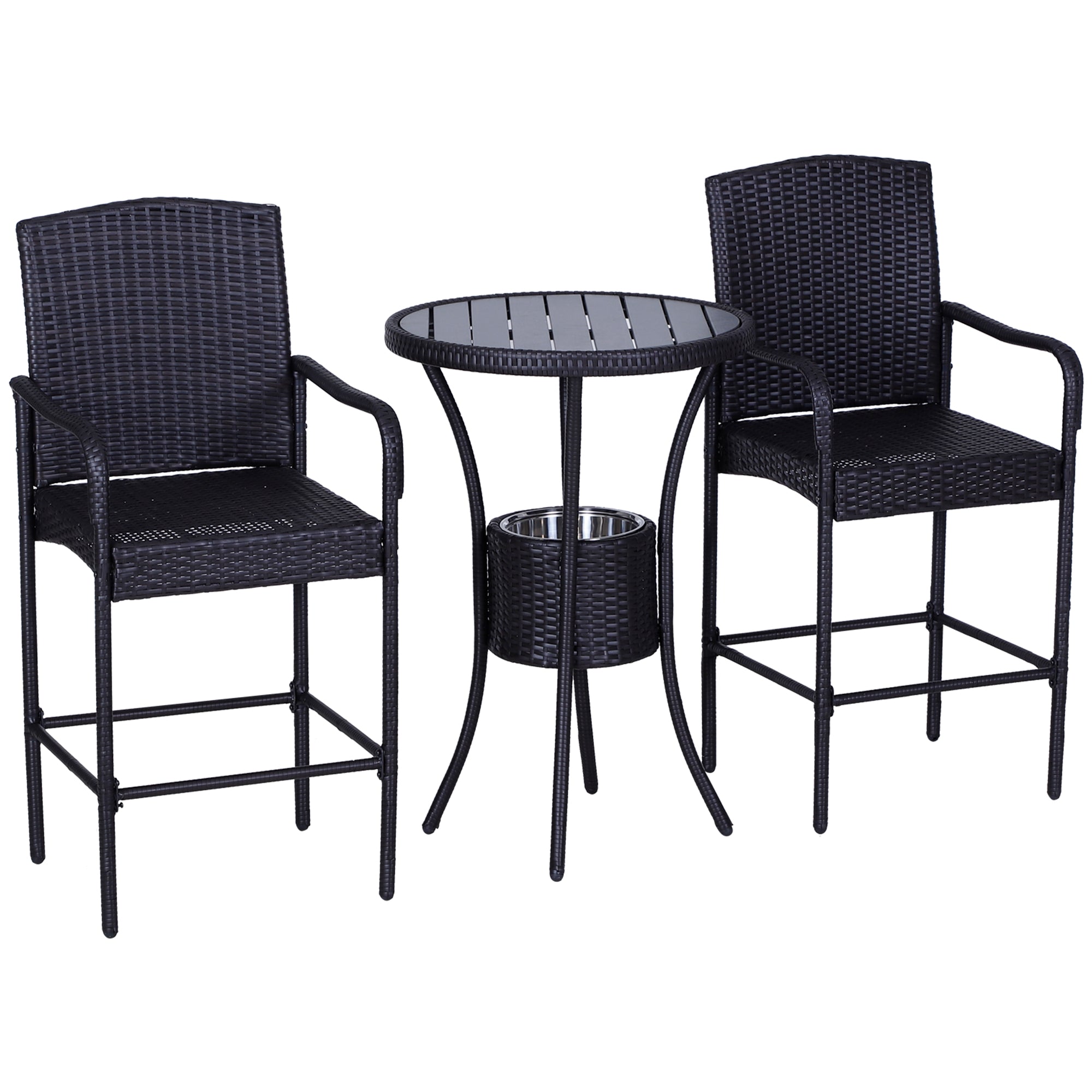 3 Pieces Patio Bar Set Rattan Bistro Table and High Chairs Garden Wicker Outdoor Conversation Furniture w/Ice Bucket Chat Set, Brown Bistro Sets Dark Brown  at Gallery Canada