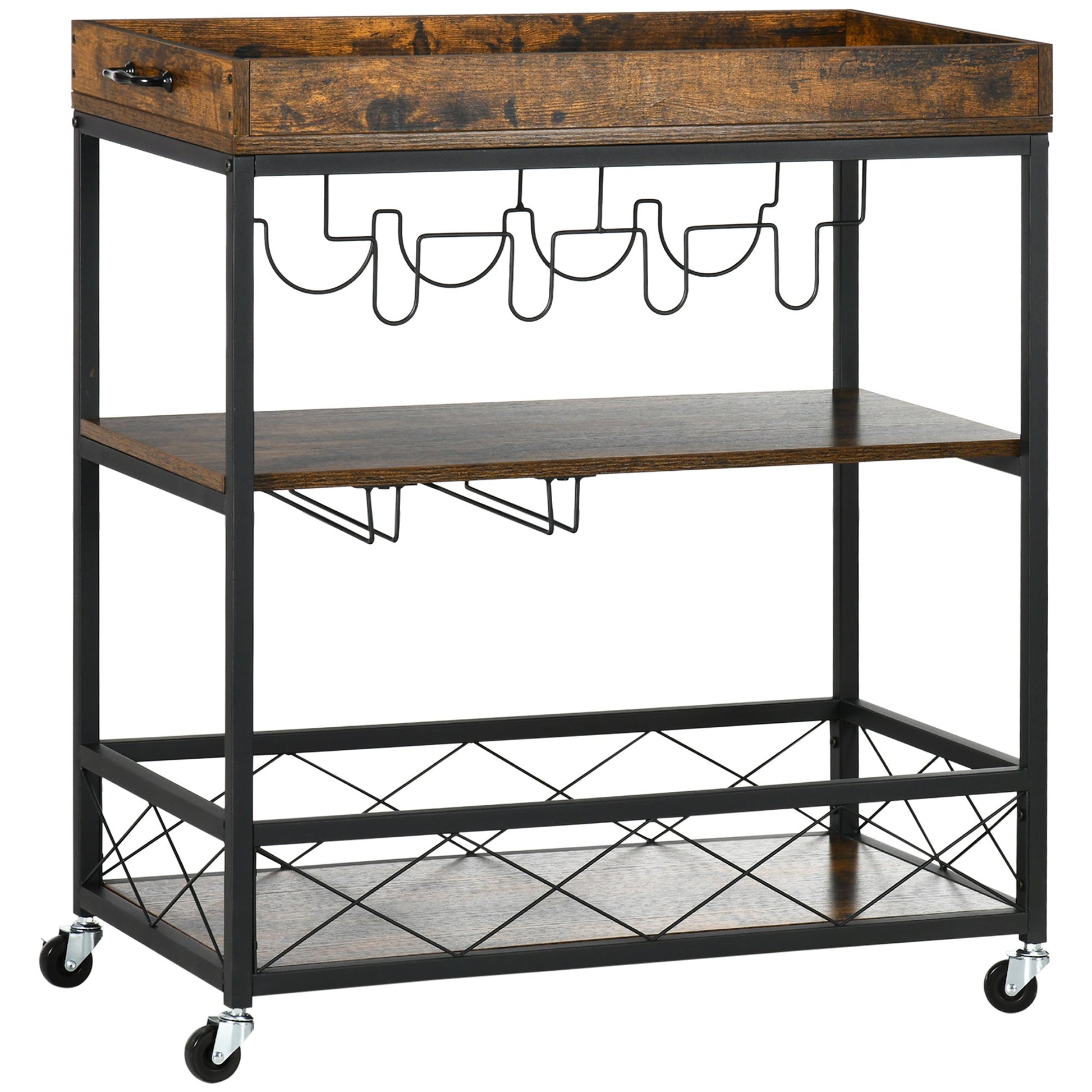 3-Tier Kitchen Cart on Wheels with Removable Tray, Wine Racks, Glass Holders Rustic Brown Kitchen Islands & Kitchen Carts Multi Colour  at Gallery Canada