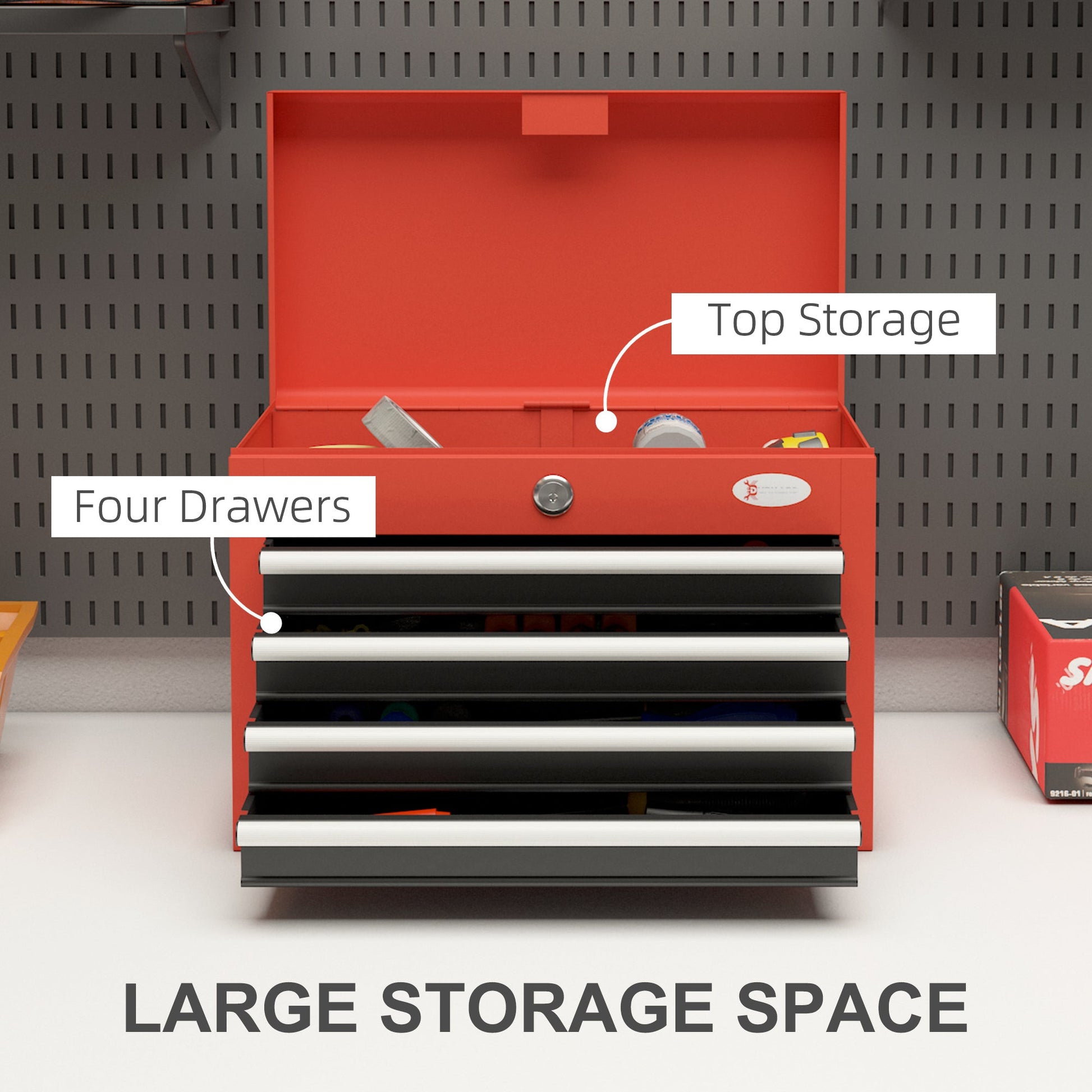 Portable Tool Chest with 4 Drawers and Top Storage, Lockable Steel Tool Box with Latch and Keys for Garage, Red Tool Organizers   at Gallery Canada