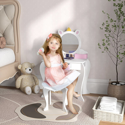 Kids Makeup Vanity Set with Stool, Mirror, Drawer, Storage Boxes, Unicorn Design, White Toy Vanity   at Gallery Canada