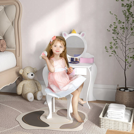 Kids Makeup Vanity Set with Stool, Mirror, Drawer, Storage Boxes, Unicorn Design, White Toy Vanity Pink and White  at Gallery Canada