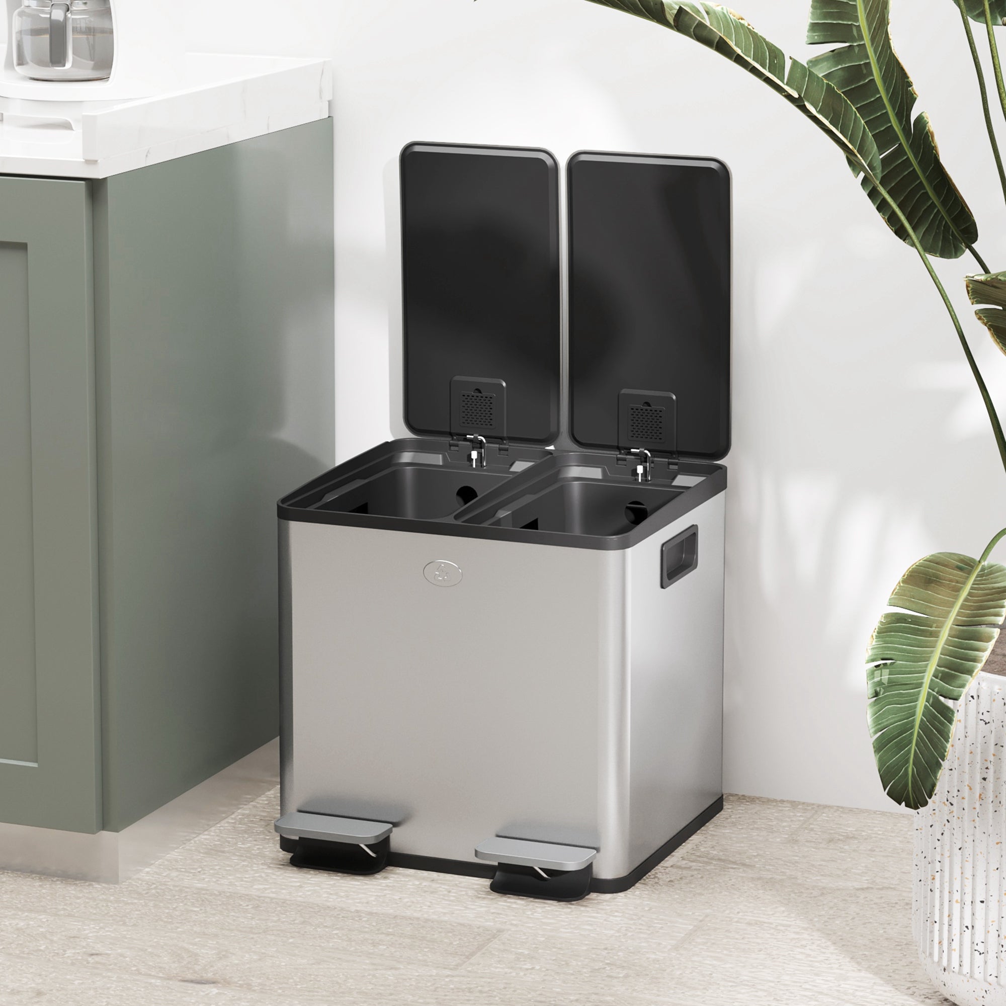 Dual Garbage Bin, Soft-Close Trash Can with Foot Pedal, 2 x 15 Liter Garbage Can with Removable Inner Buckets, Silver Household Supplies at Gallery Canada