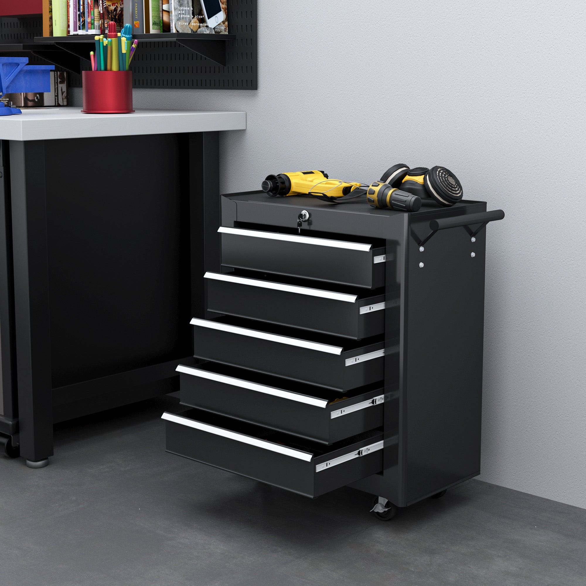 5 Drawer Roller Tool Chest, Mobile Lockable Toolbox, Storage Organizer with Handle for Workshop Mechanics Garage, Black Tool Organizers at Gallery Canada