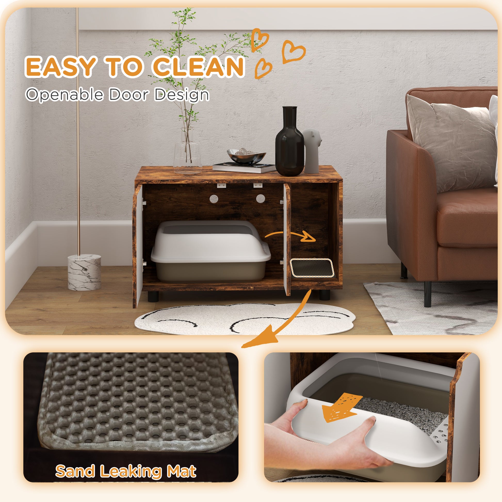 Hidden Cat Litter Box Enclosure with Double Doors and Sand Drain Pad, Rustic Brown Cat Litter Box Enclosures   at Gallery Canada