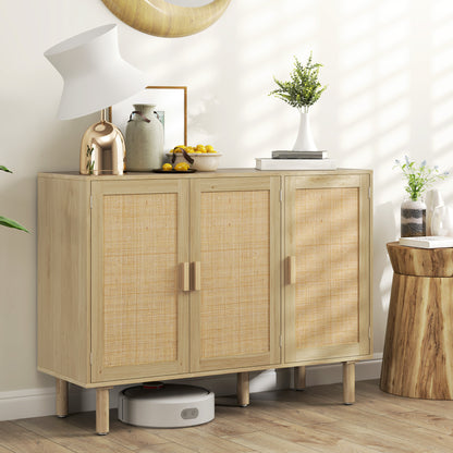 Bohemian Sideboard, 46.9" Buffet Cabinet with 3 Rattan Doors and Shelves for Living Room, Hallway, Oak Storage Cabinets at Gallery Canada