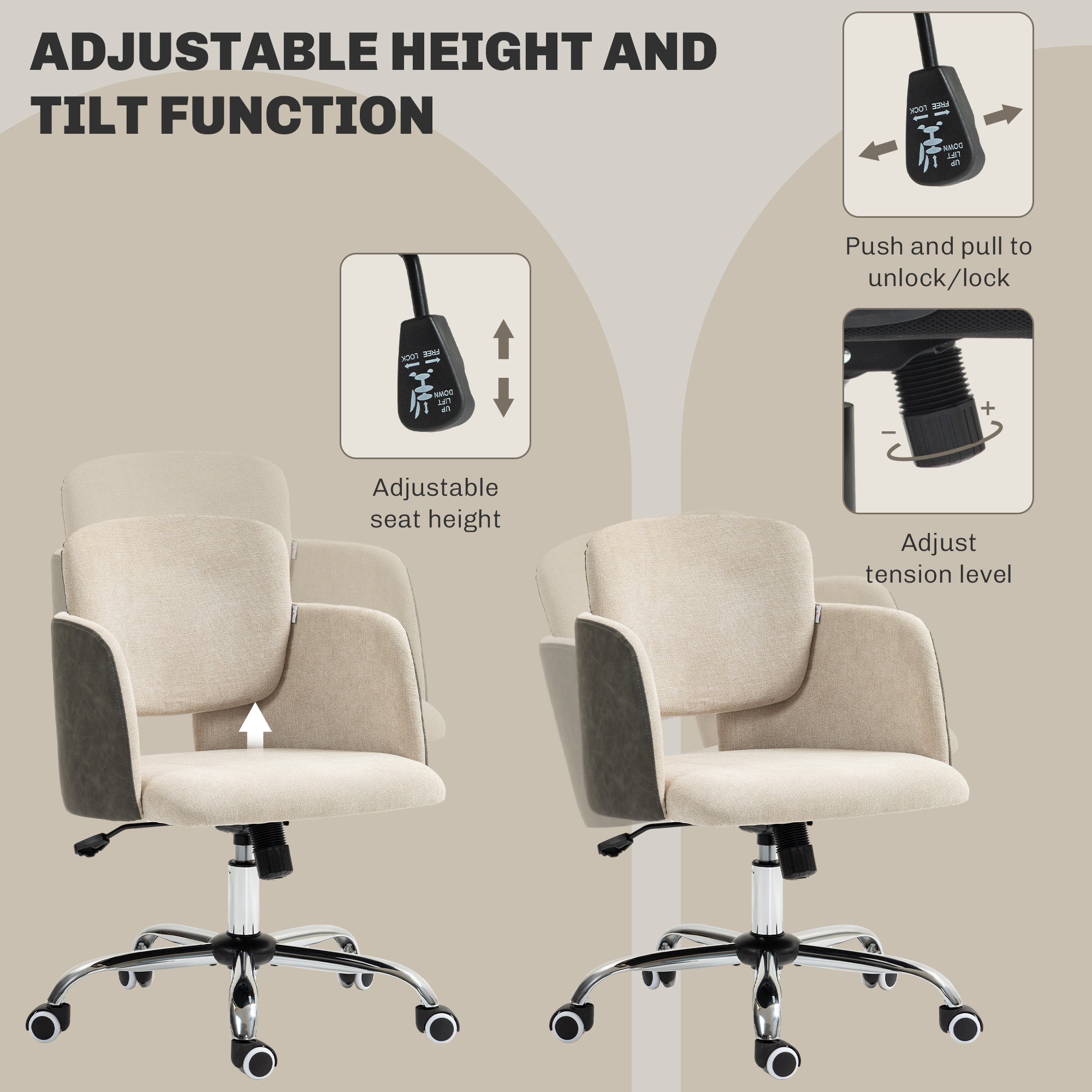 Small Desk Chair, Height Adjustable Fabric Office Chair with Swivel Wheels, Tilt Function, Computer Chair, Cream White Task Chairs at Gallery Canada