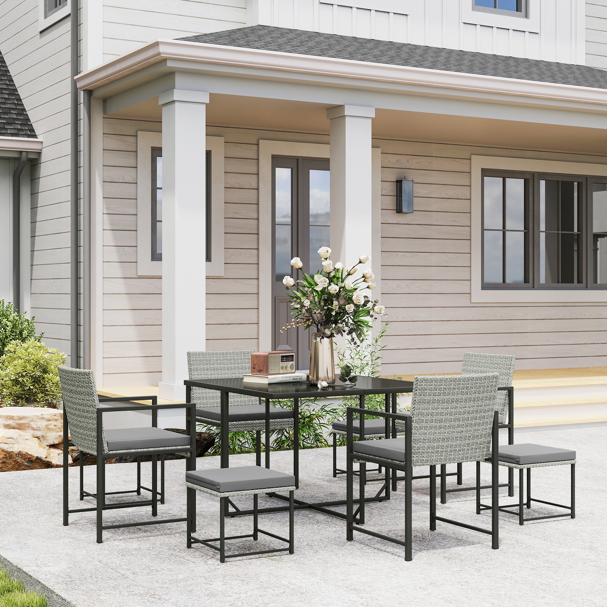 9 Pieces Wicker Patio Dining Set with 4 Armchairs, 4 Stools, Tempered Glass Top, Removable Cushions, Light Grey Outdoor Dining Sets at Gallery Canada