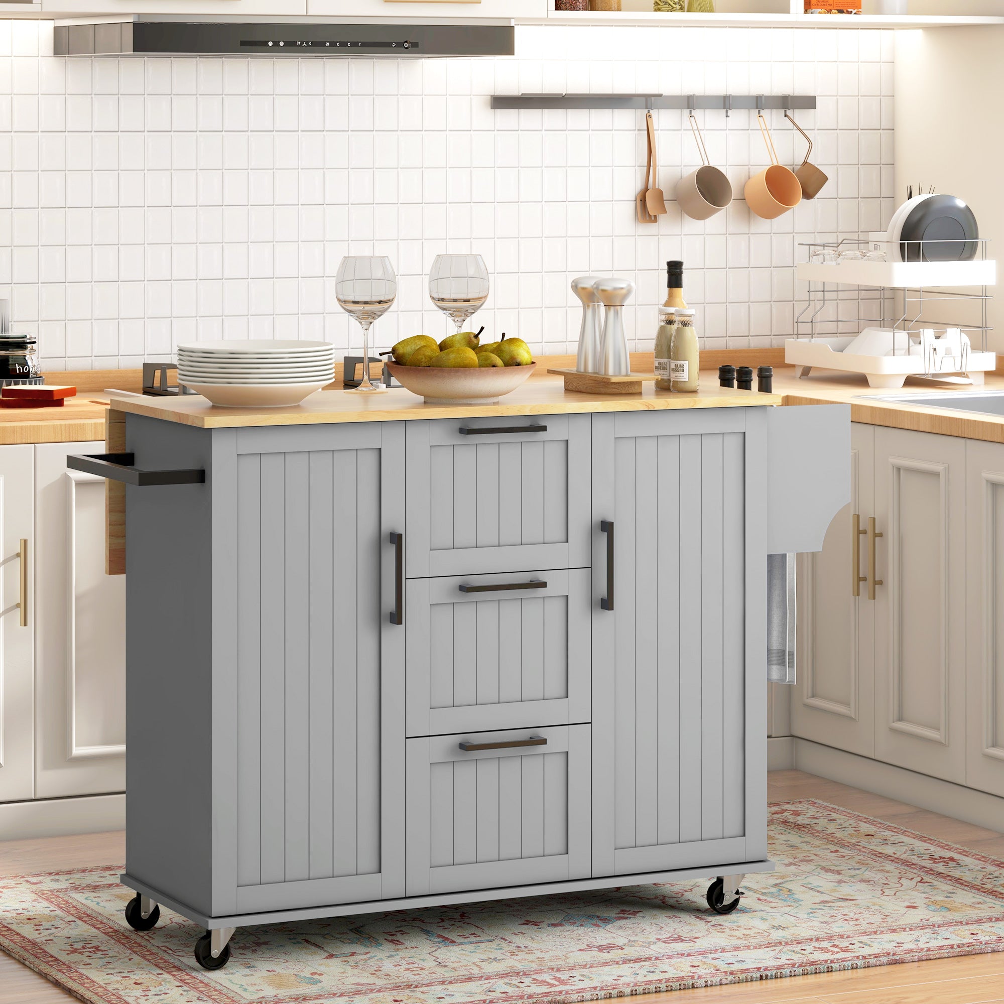 Rolling Kitchen Cart on Wheels with Drop Leaf, Kitchen Island with 3 Drawers, Solid Wood Top and Towel Rack, Grey Kitchen Islands & Kitchen Carts Multi Colour  at Gallery Canada