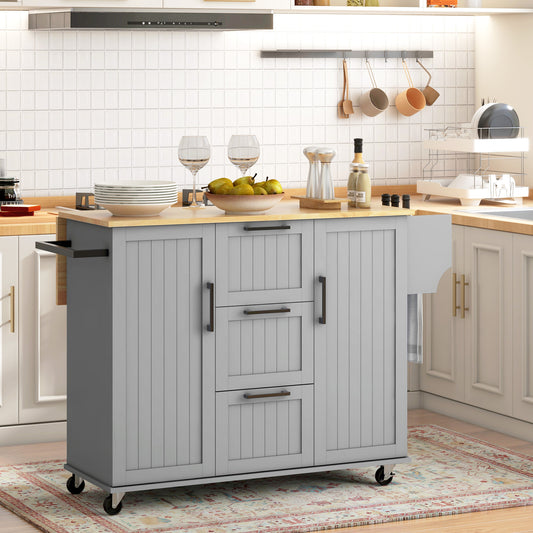 Rolling Kitchen Cart on Wheels with Drop Leaf, Kitchen Island with 3 Drawers, Solid Wood Top and Towel Rack, Grey Kitchen Islands & Kitchen Carts   at Gallery Canada