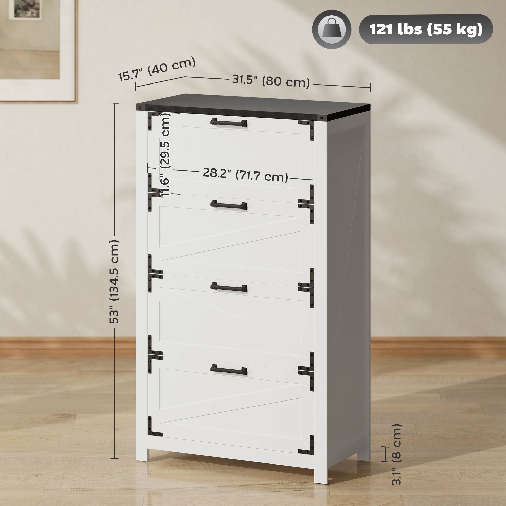 4 Drawer Filing Cabinet, Farmhouse Office Storage Cabinet with Adjustable Hanging Bars for Letter, A4, Legal Size, White Office Cabinets & Cupboards at Gallery Canada