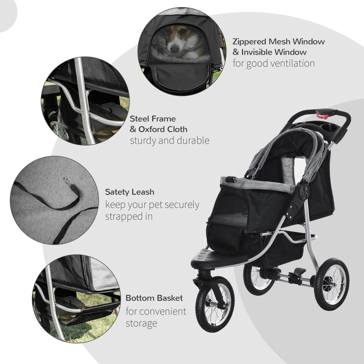 Pet Stroller with 3 Wheels, One-click Folding Design, Adjustable Canopy, Zippered Mesh Window Door, Grey - Gallery Canada