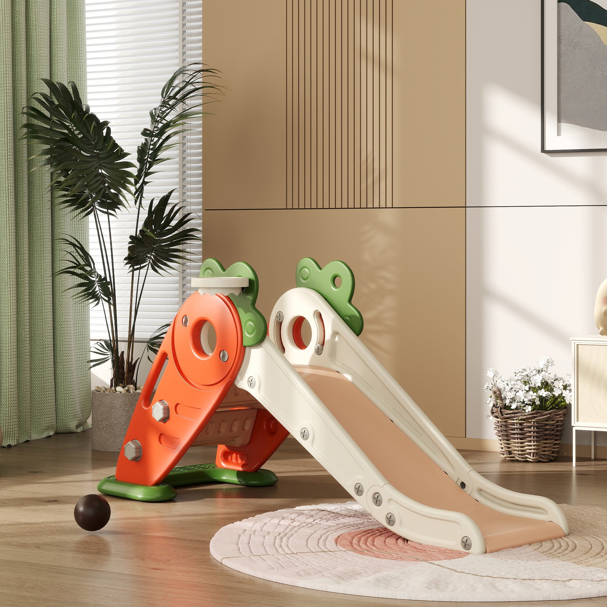 3 in 1 Foldable Toddler Slide with Basketball Hoop, Climber, for 1-3 Years Old, Orange Gym Sets & Swings at Gallery Canada
