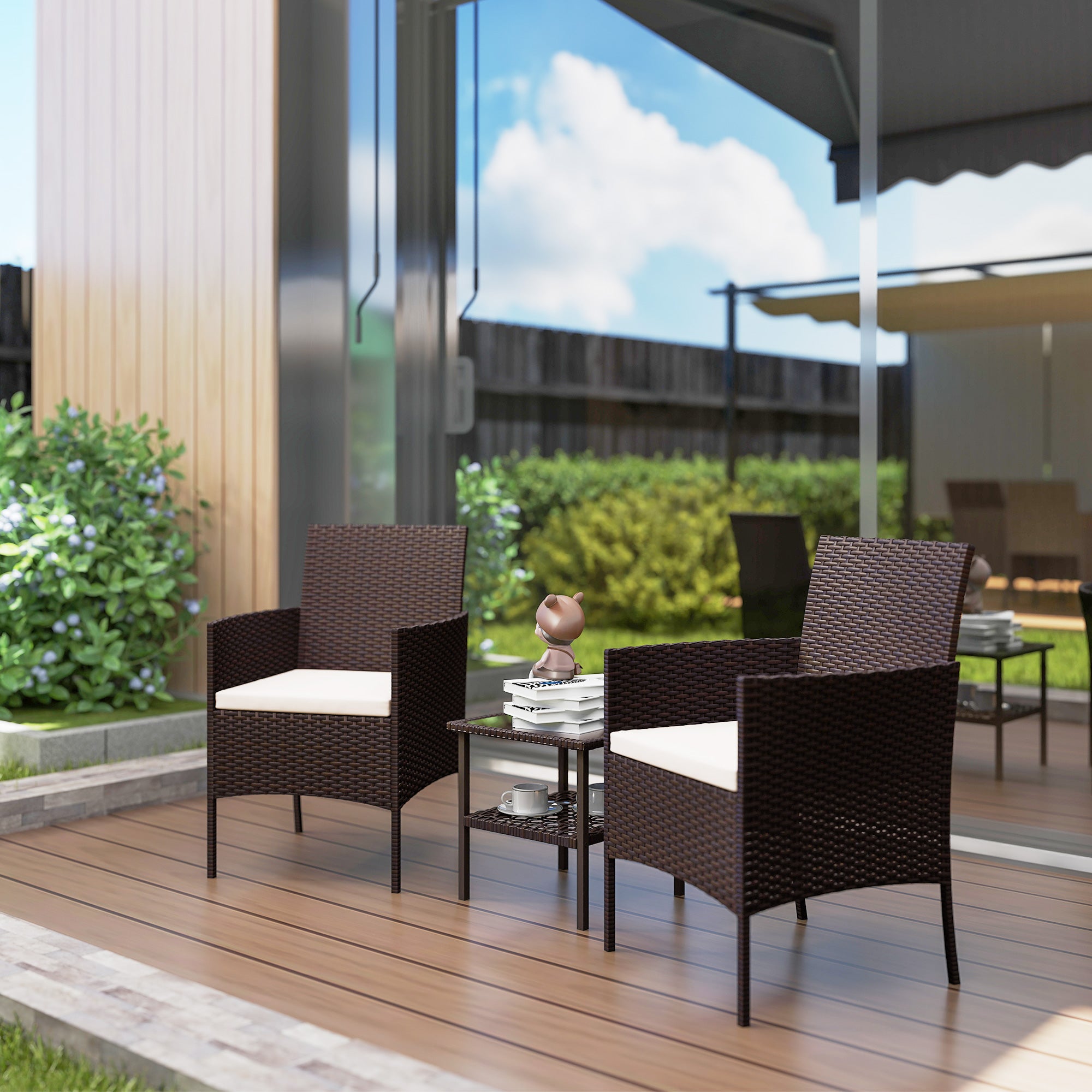 Wicker Bistro Set, 3 Piece Patio Furniture Set with 2-Tier Glass Top Table, Cushions for Balcony, Porch, Beige Bistro Sets at Gallery Canada