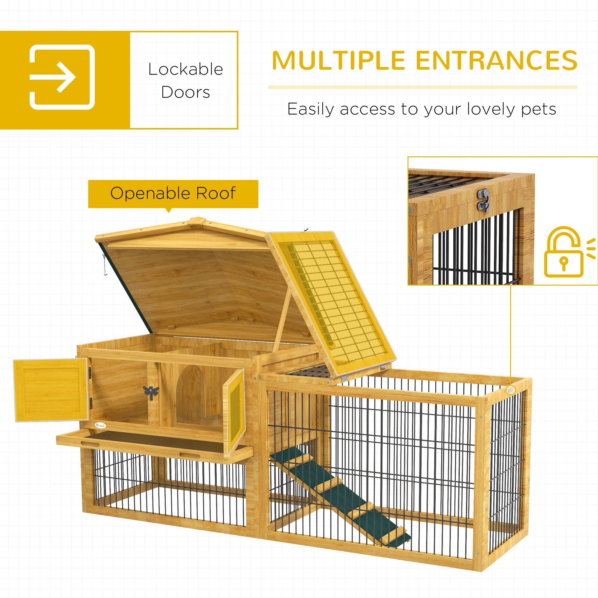 Wood Rabbit Hutch w/ Ramp, Openable Roof, Pull-out Tray, Yellow Rabbit Hutch   at Gallery Canada