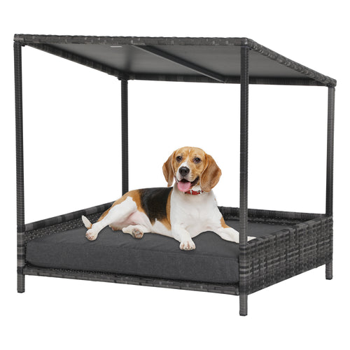 Wicker Dog House Raised Rattan Dog Cat Bed for Indoor Outdoor Garden Patio Pet Sofa with Cushion Medium Sized Pet Grey