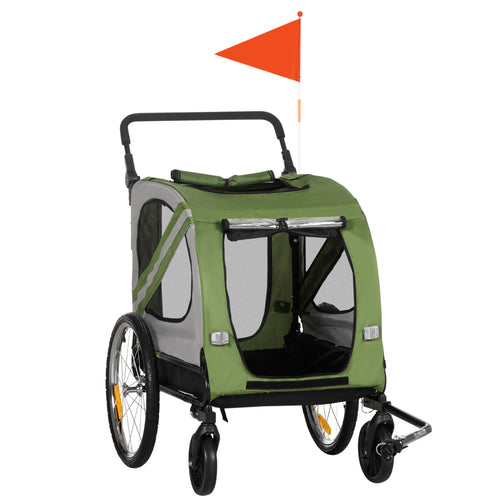 Dog Bike Trailer, 2-in-1 Dog Wagon Pet Stroller for Travel with Universal Wheel Reflectors Flag, for Small and Medium Dogs, Green