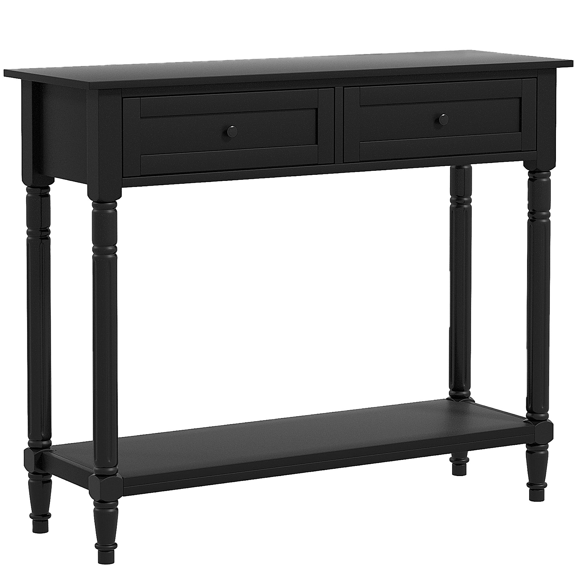 Hallway Console Table, Modern Entryway Table with 2 Drawers, Storage Shelf, Turned Legs for Living Room, Bedroom, Black Console Tables   at Gallery Canada