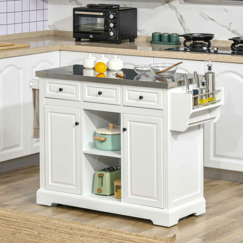 Kitchen Island on Wheels with Stainless Steel Top, Spice Rack, Drawers, Rolling Bar Cart with Storage, White
