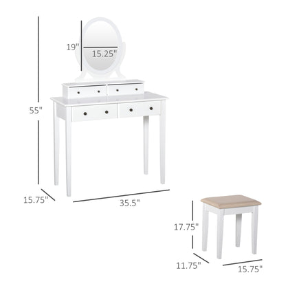 Vanity Dressing Table with 360° Rotating Mirror and Cushioned Stool, Makeup Desk Dresser with 4 Drawers, White Dressing & Vanity Tables   at Gallery Canada