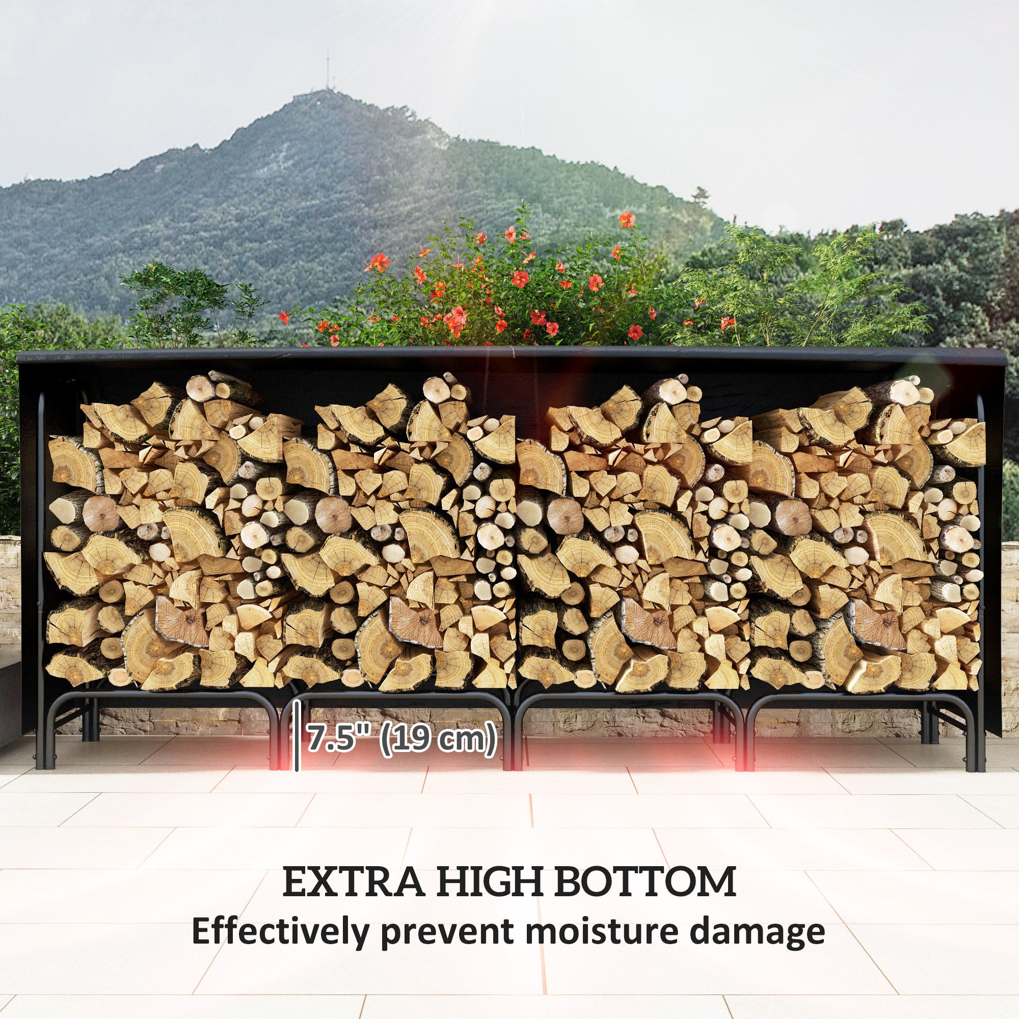 8ft Outdoor Firewood Rack with Cover and Carrier, Adjustable Wood Storage Holder, Indoor Outdoor Log Rack, Black Firewood Racks at Gallery Canada