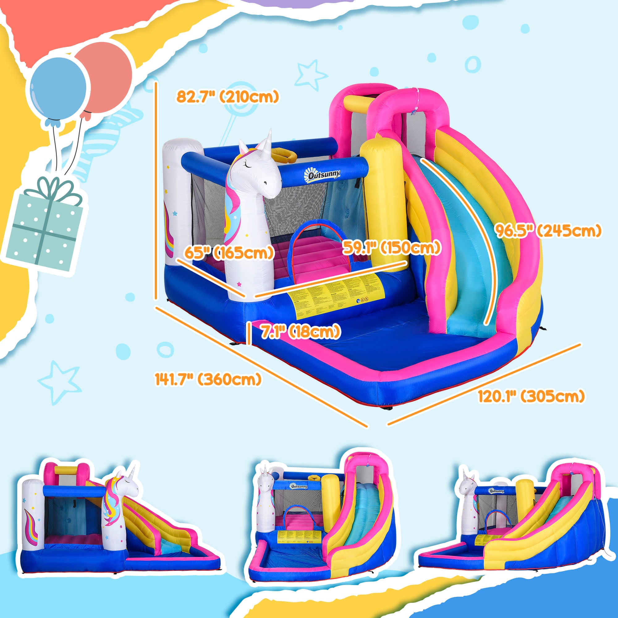 Kids 5 in 1 Inflatable Bounce Castle House, Trampoline Water Slide Pool Climbing Wall with Inflator for Kids Age 3-12 Summer 12.4' x 10.5' x 6.9' - Multi-color Inflatables at Gallery Canada