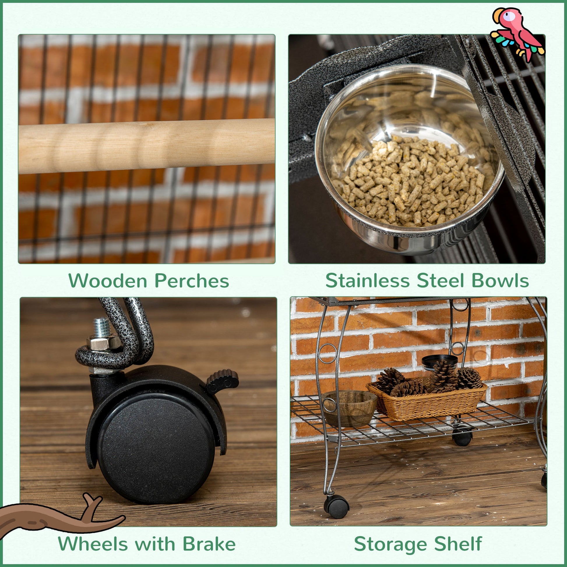 66" Bird Cage Parrot Cage for Conures, Cockatiels, Parrotlet with Play Top, Rolling Stand, Pull Out Tray, Storage Shelf Bird Cages   at Gallery Canada