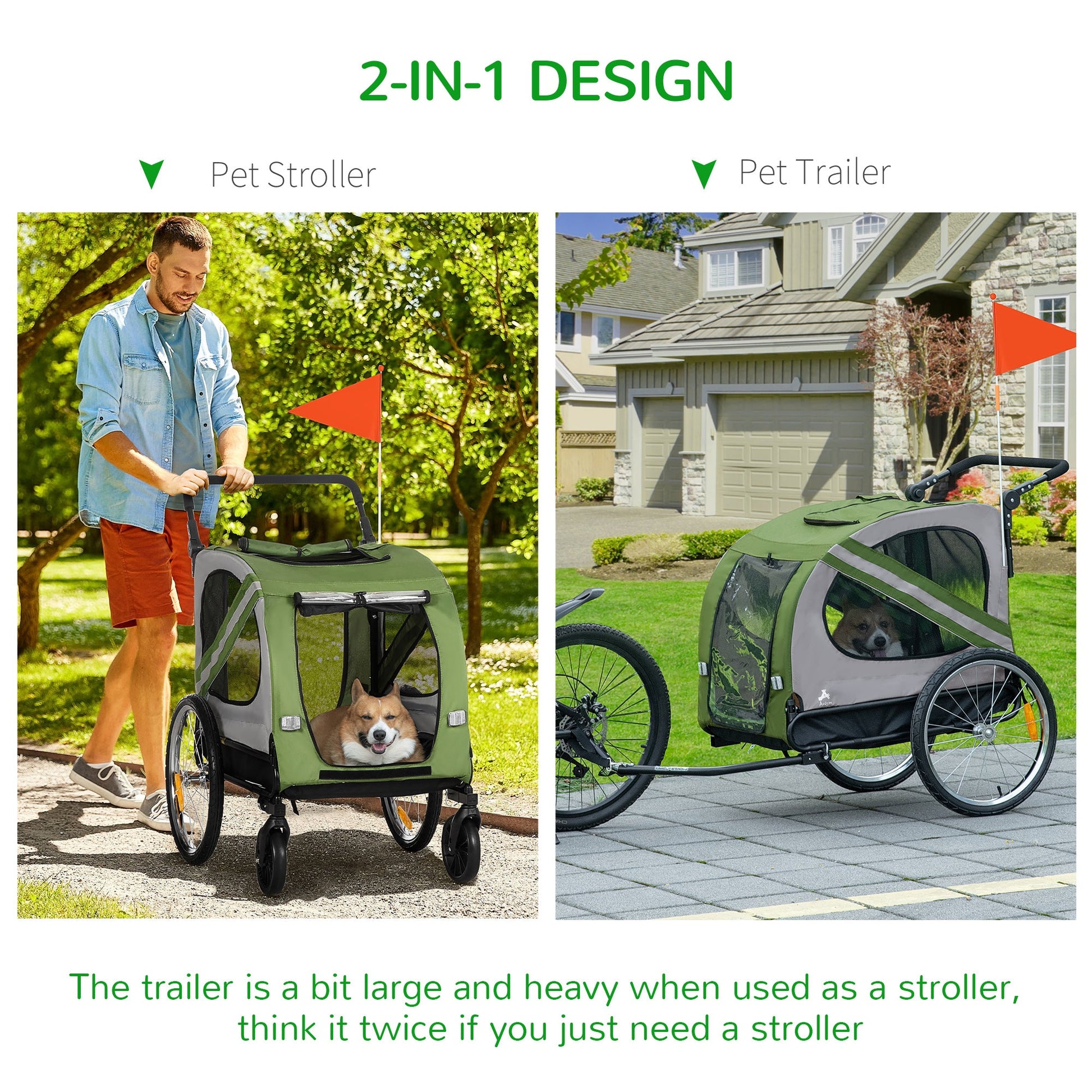 Dog Bike Trailer, 2-in-1 Dog Wagon Pet Stroller for Travel with Universal Wheel Reflectors Flag, for Small and Medium Dogs, Green Dog Bike Trailers & Strollers   at Gallery Canada