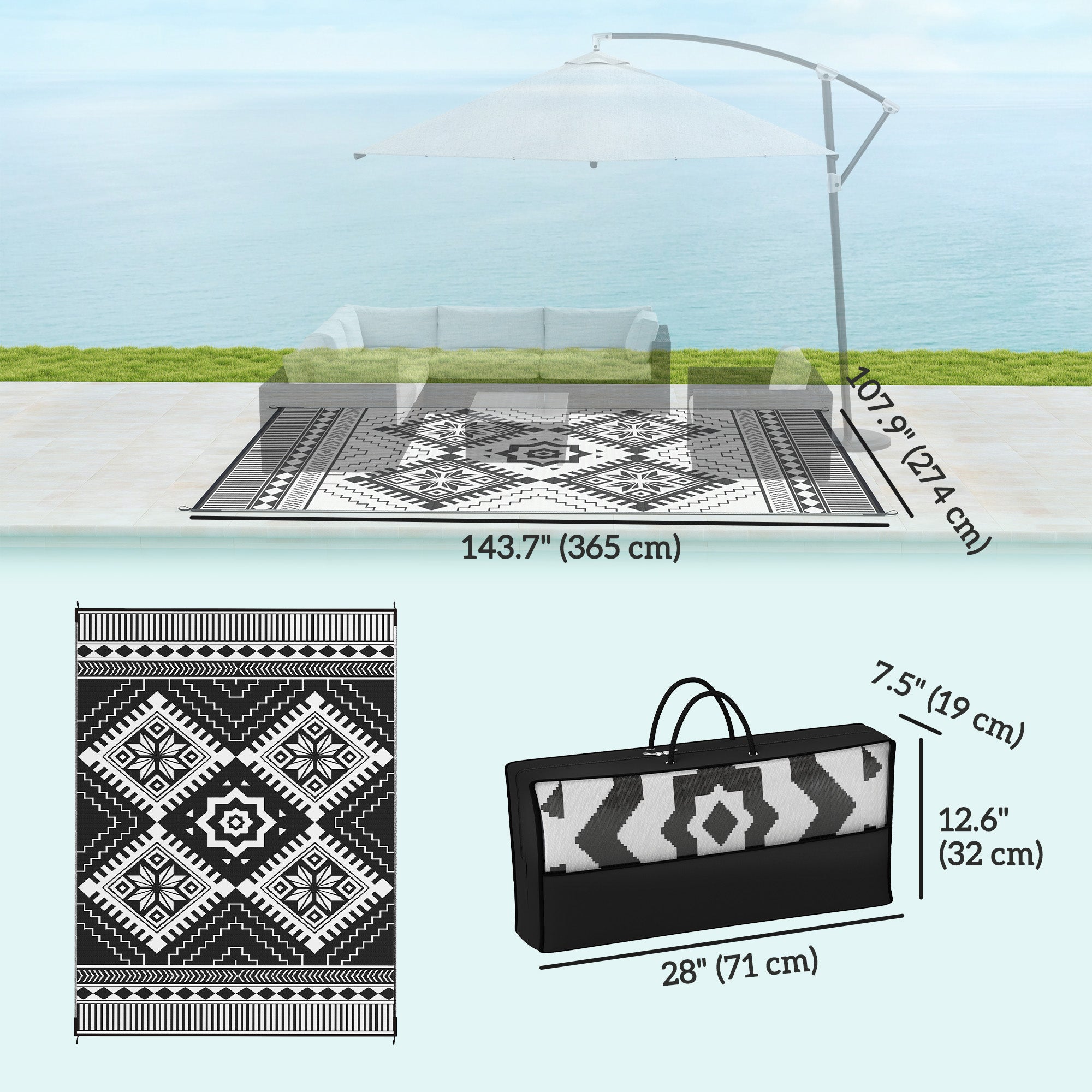 9' x 12' Outdoor RV Rug, Reversible Patio Floor Mat with Carry Bag, Toothed Rhombus, White and Black Garden Decor at Gallery Canada