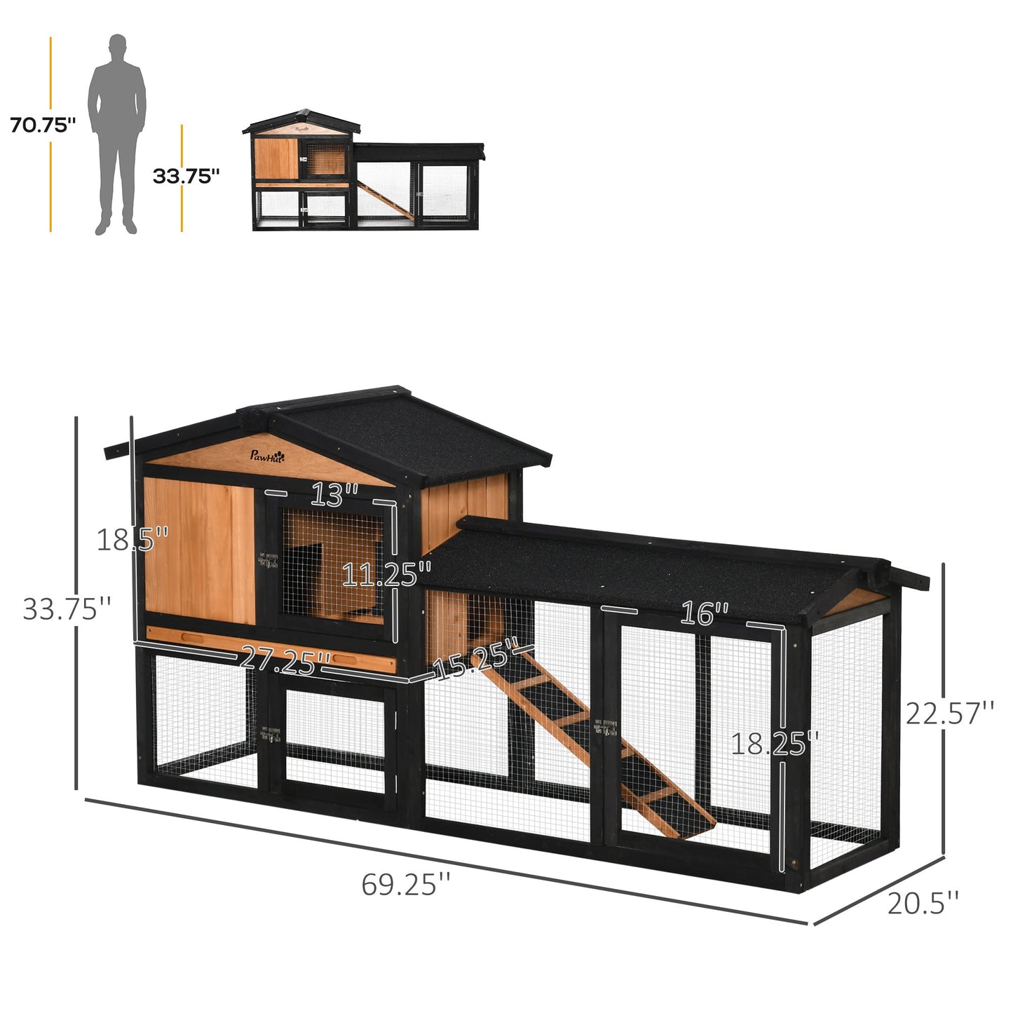 69" Wooden Rabbit Hutch Pet Playpen Bunny House Enclosure with Run Box, Slide-out Tray, Ramp, for Rabbits and Small Animals, Black Rabbit Hutch   at Gallery Canada