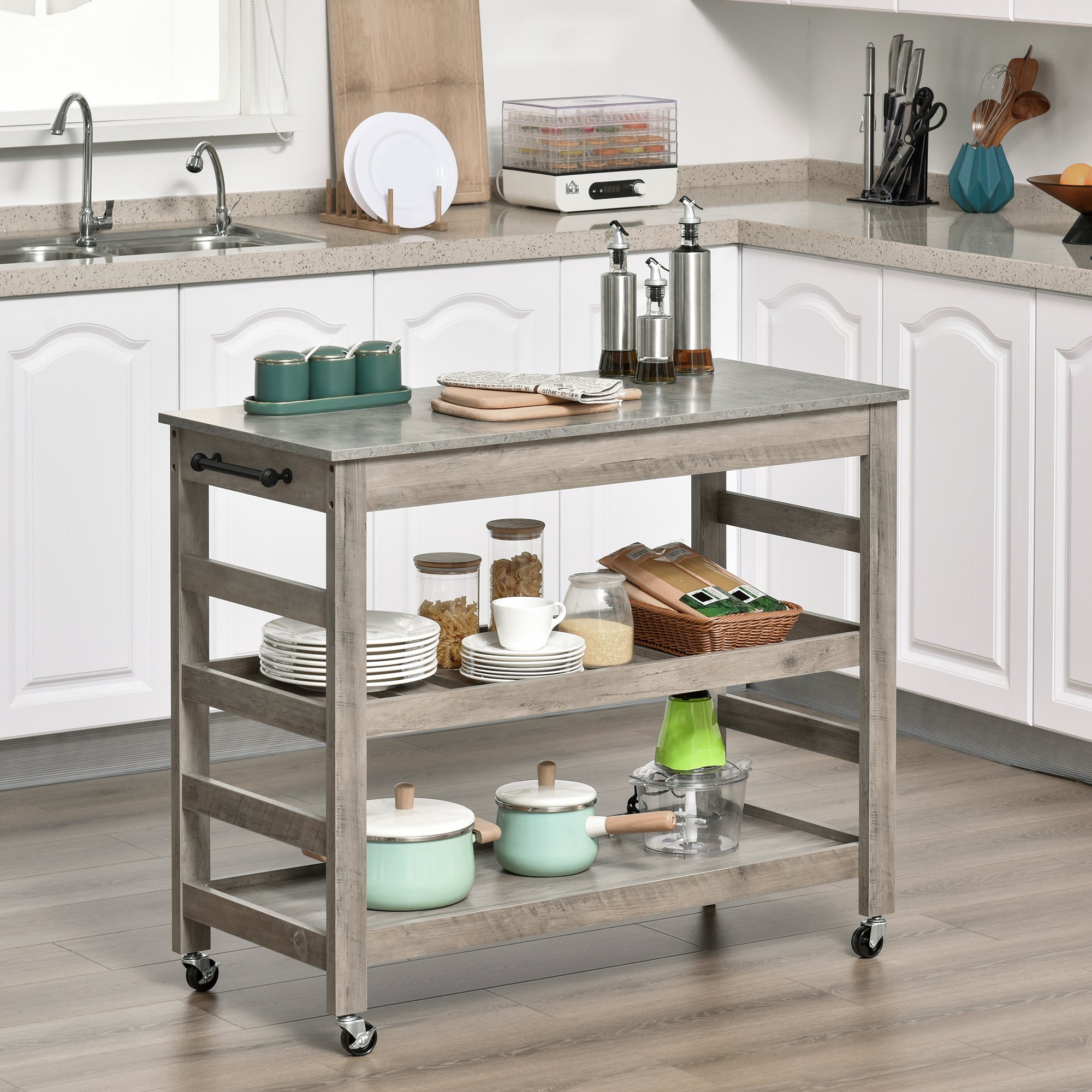 Kitchen Cart Rolling Kitchen Island Utility Trolley with Concrete Effect Top &; Storage Wine Rack, Grey Kitchen Islands & Kitchen Carts at Gallery Canada