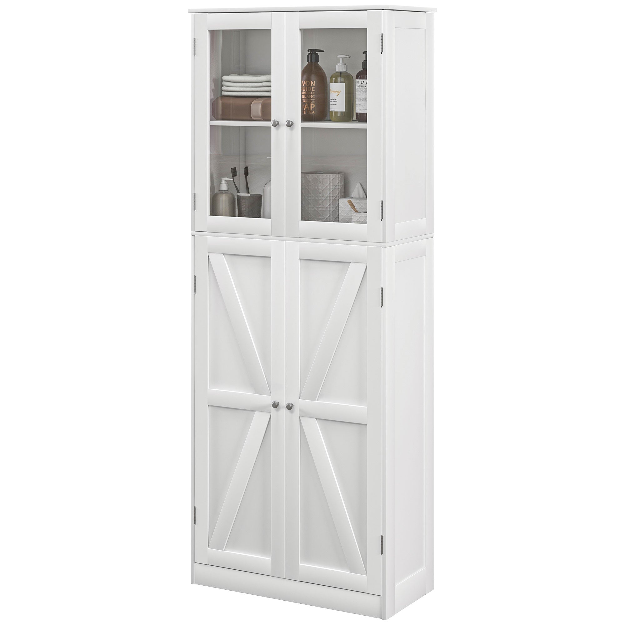 Tall Bathroom Storage Cabinet, Modern Bathroom Cabinet with Glass and Barn Doors, 5-Tier Floor Cabinet, White Bathroom Cabinets   at Gallery Canada