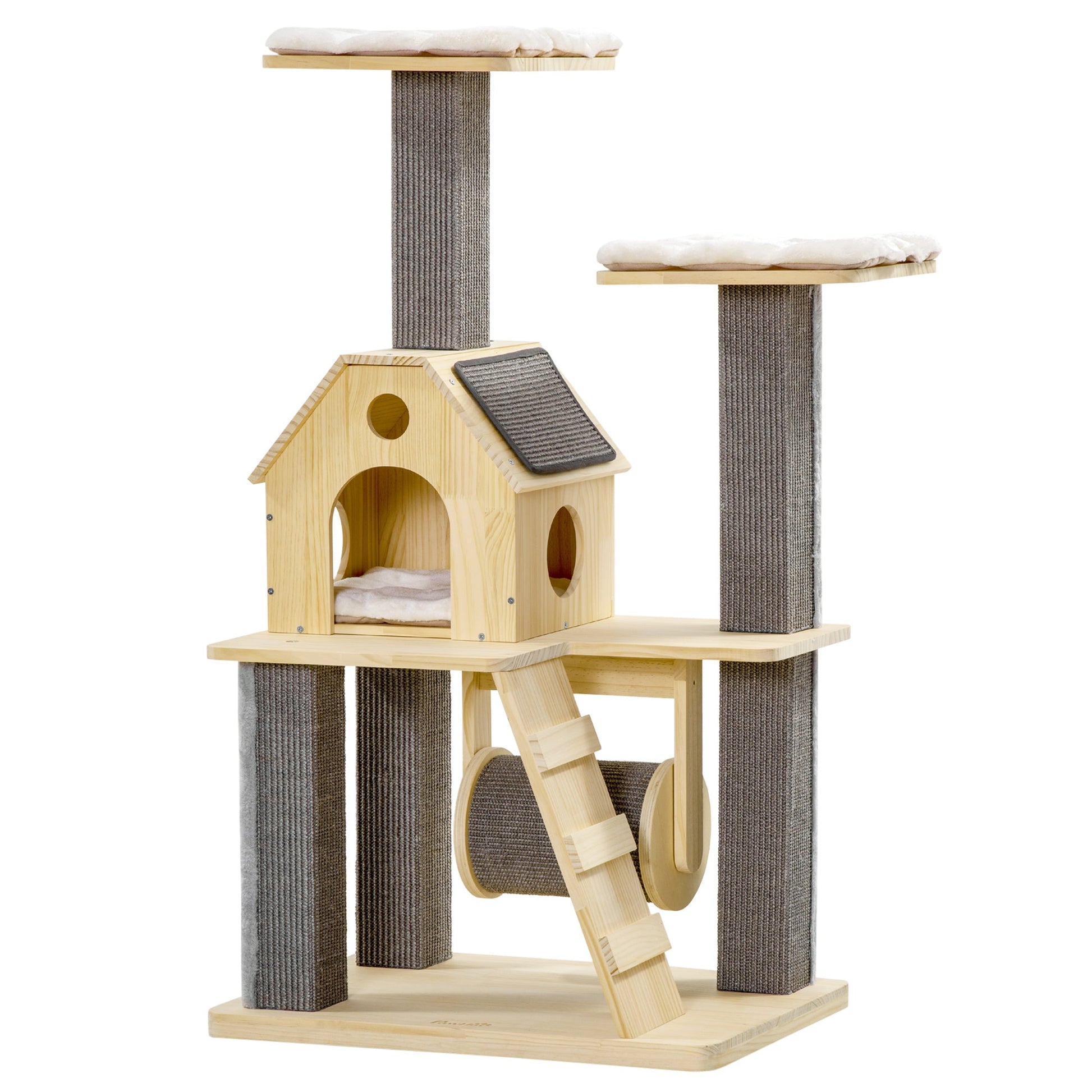 49" Cat Tree Kitty Activity Center Wooden Cat Climbing Toy Pet Furniture with Cat Condo Cat Roller Ladder Cushions Sisal Scratching Post Pad, Natural Cat Towers   at Gallery Canada