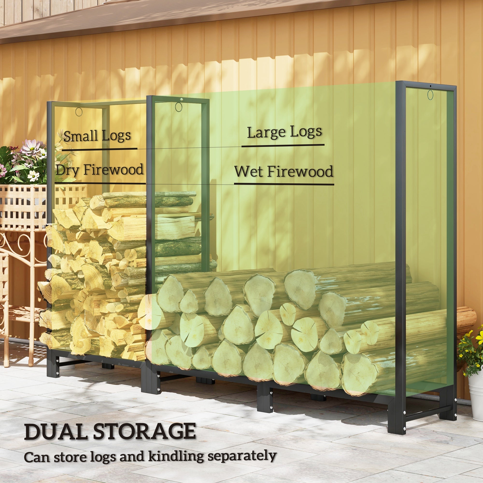 6ft Firewood Rack with Dual Space and Lock Rings, Steel Log Holder for Outdoor Indoor, Black Firewood Racks at Gallery Canada