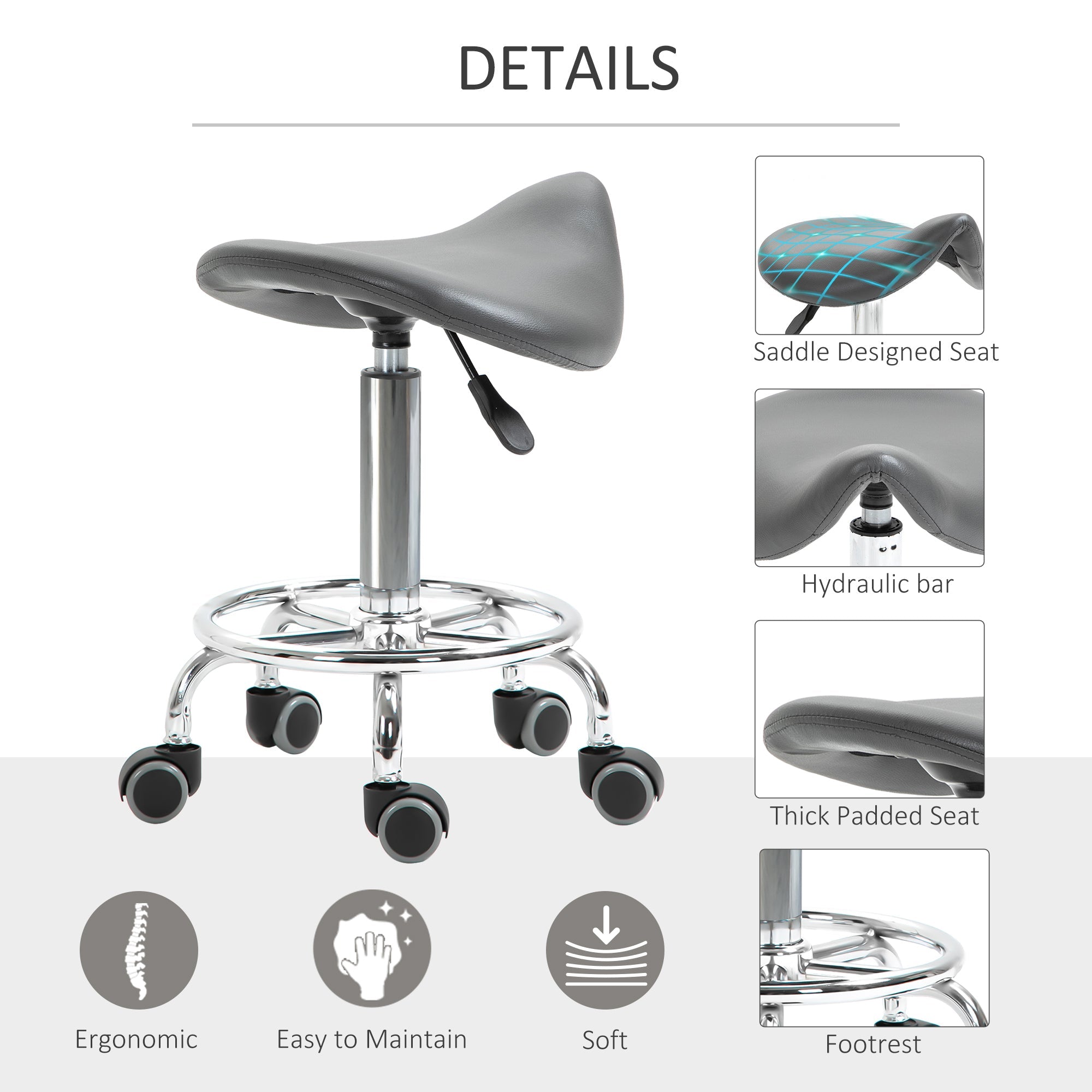 Saddle Stool, PU Leather Adjustable Rolling Salon Chair for Massage, Spa, Clinic, Beauty and Tattoo, Grey Salon Stools   at Gallery Canada