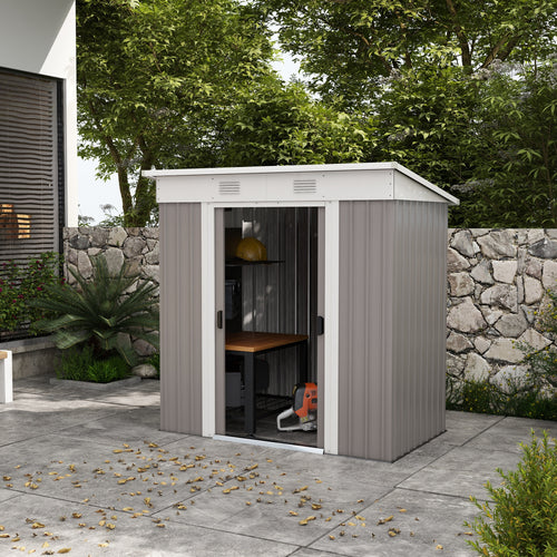 6' x 4' Outdoor Storage Shed, Metal Garden Tool Storage House Organizer with Lockable Sliding Doors and Vents for Backyard Patio Lawn, Light Grey