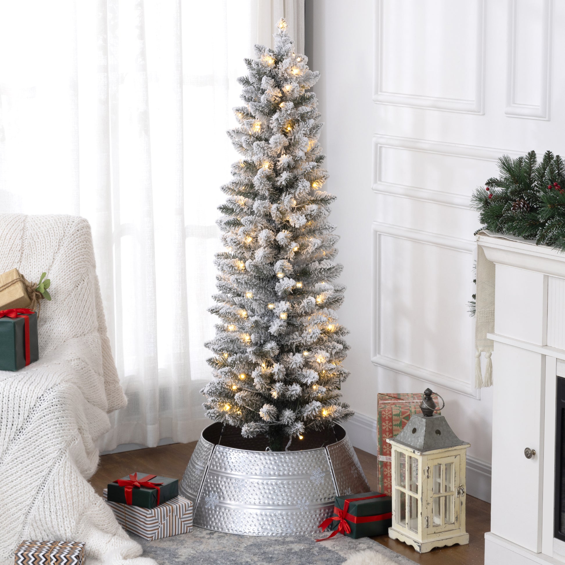 5ft Artificial Prelit Christmas Tree with Warm White LED Light, Snow Flocked Branches, Metal Base, Pencil Xmas Tree Pre Lit Christmas Trees   at Gallery Canada