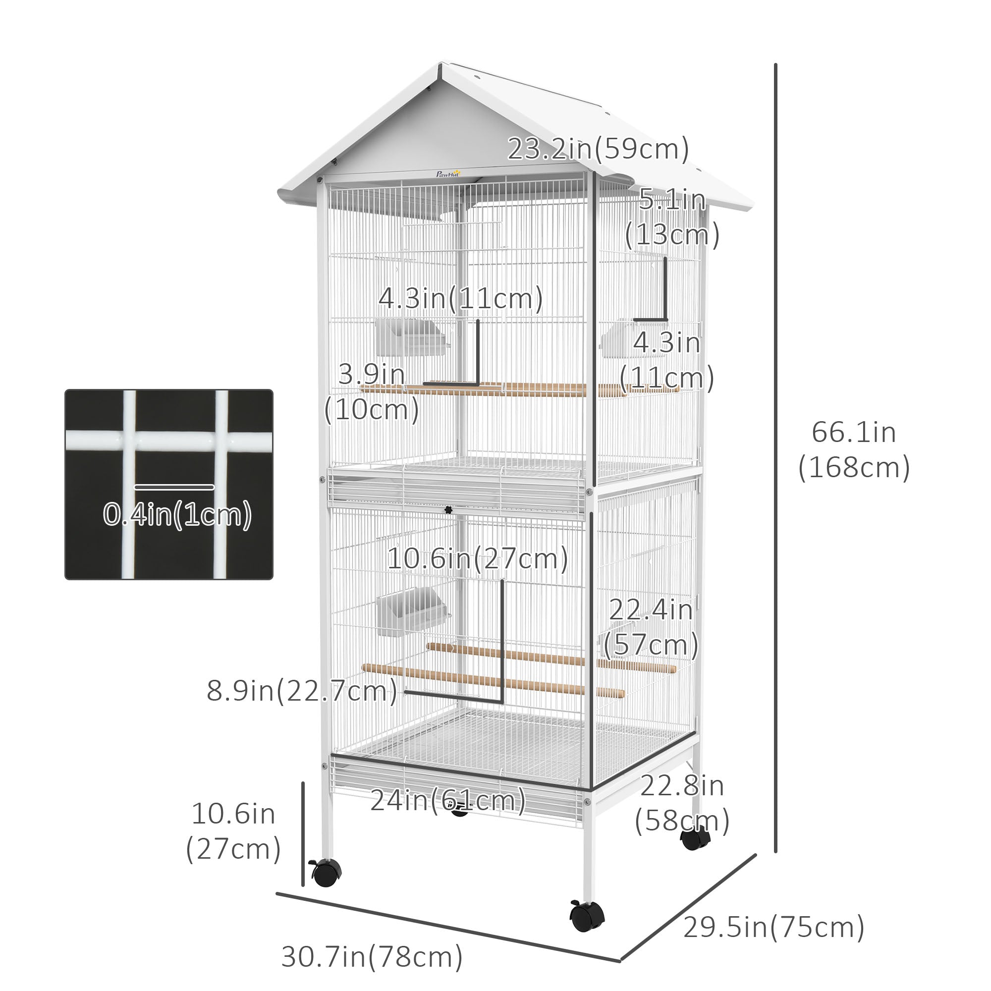 Wrought Metal Bird Cage Feeder with Rolling Stand Perches Food Containers Doors Wheels 67