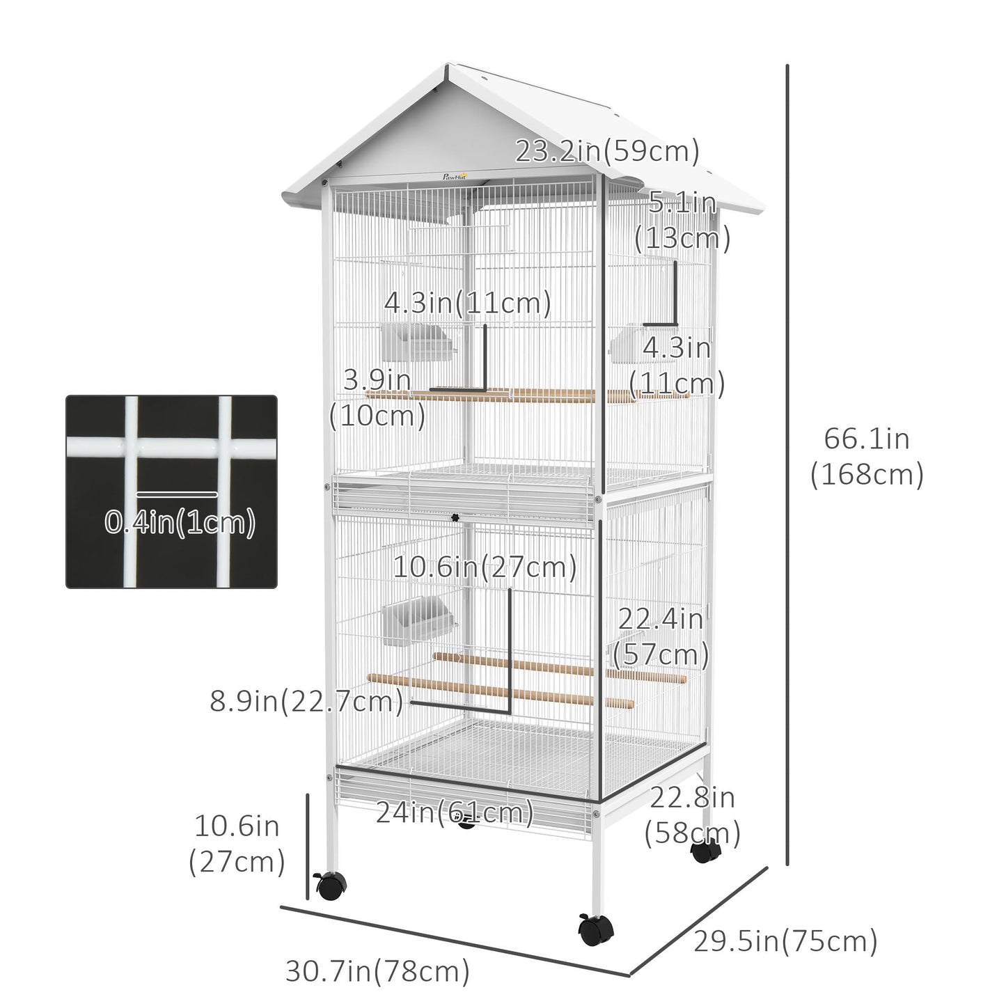 Wrought Metal Bird Cage Feeder with Rolling Stand Perches Food Containers Doors Wheels 67" H, White Bird Cages   at Gallery Canada