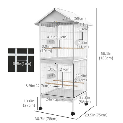 Wrought Metal Bird Cage Feeder with Rolling Stand Perches Food Containers Doors Wheels 67" H, White Bird Cages   at Gallery Canada