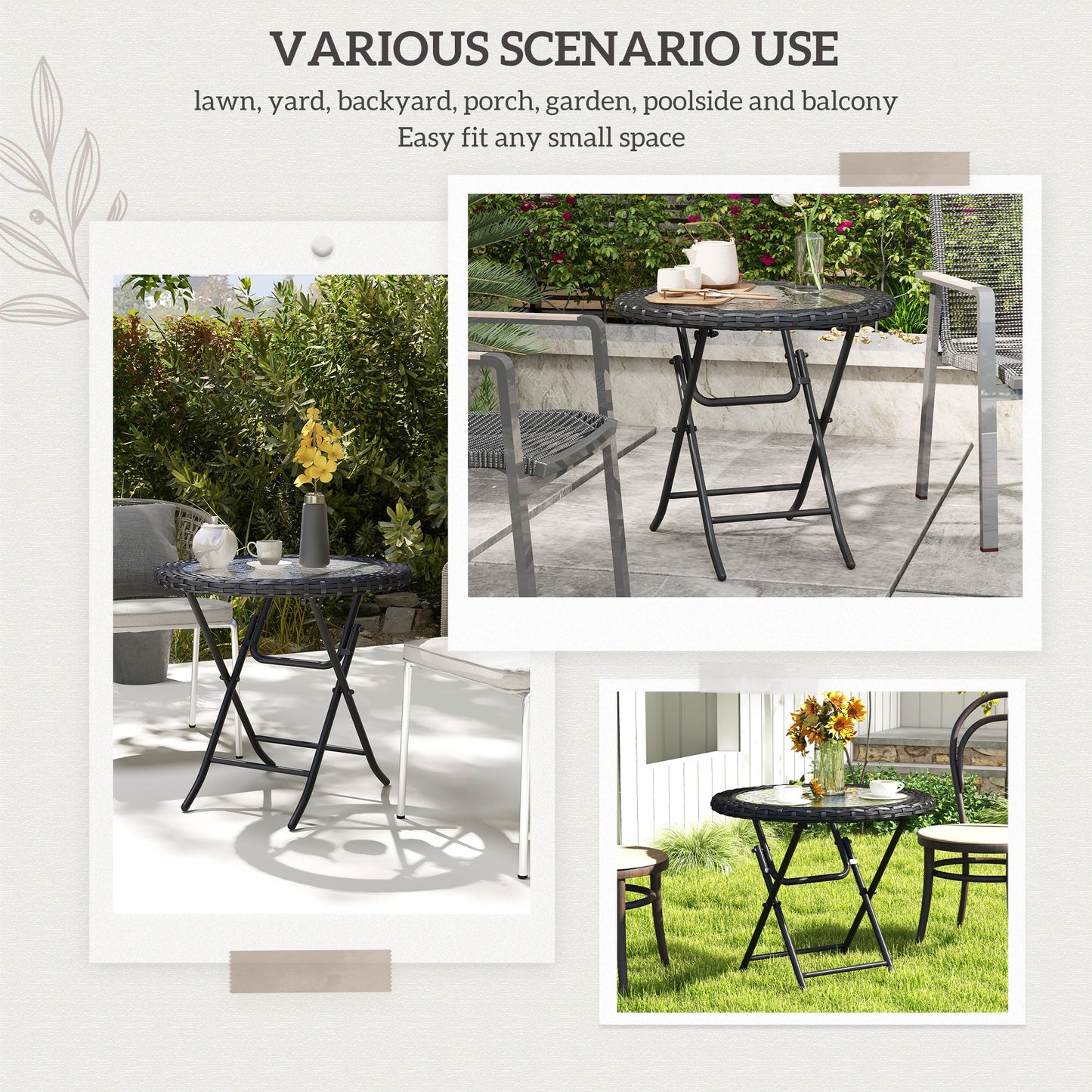 Folding Round Tempered Glass Metal Table with Edging, Black Patio Side Tables   at Gallery Canada