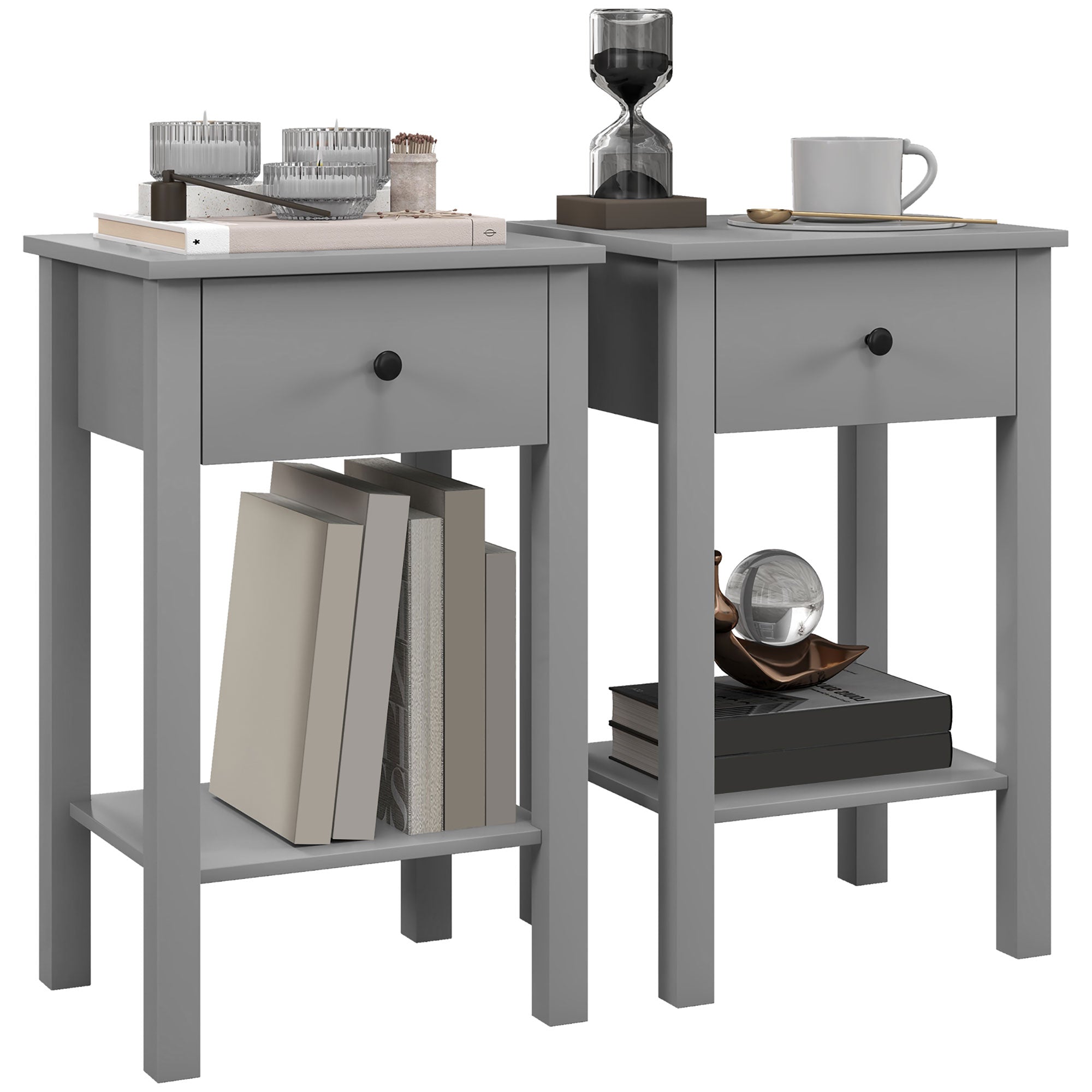 End Tables Set of 2, Side Tables with Drawer and Bottom Shelf, 2-tier Nightstand for Bedroom, Living Room, Grey Side Tables   at Gallery Canada