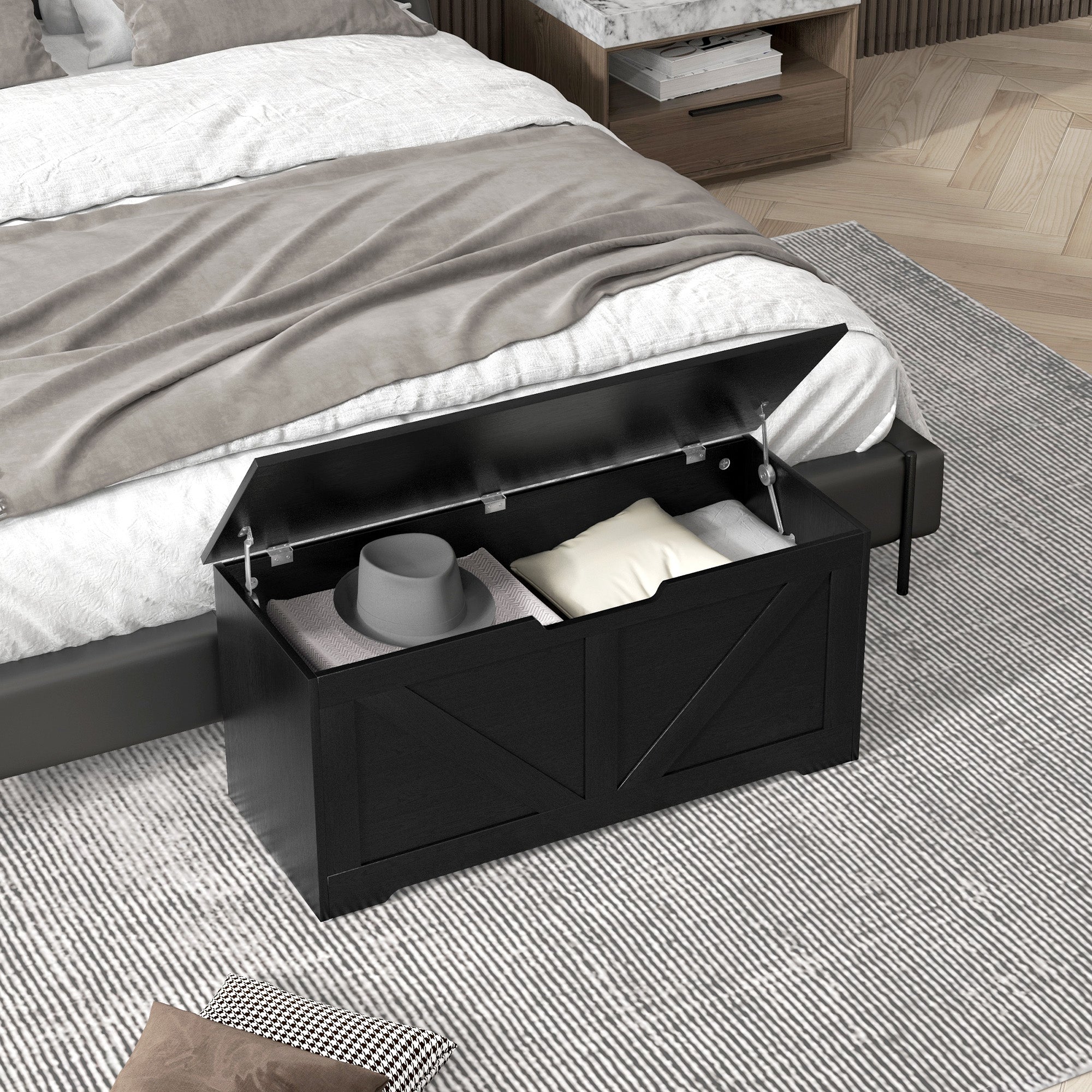 39.4 Inches Storage Chest, Storage Trunk with 2 Safety Hinges, Wooden Toy Box for Living Room, Black Wood Grain Storage Cabinets   at Gallery Canada