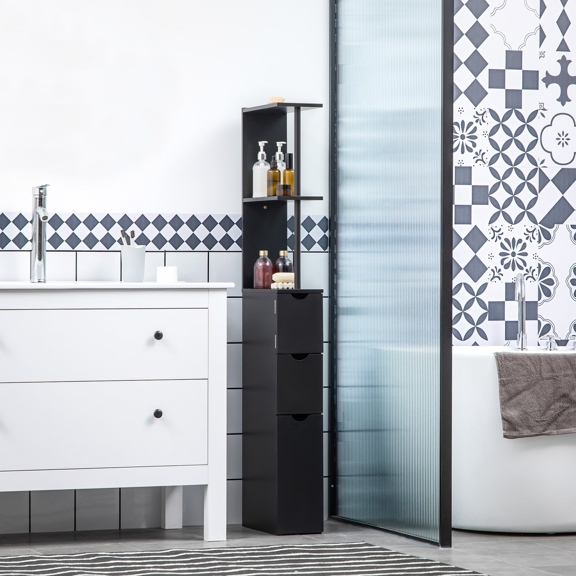 Tall Bathroom Storage Cabinet, Narrow Bathroom Cabinet with Drawers and Open Shelves for Small Spaces, Black Bathroom Cabinets Black  at Gallery Canada