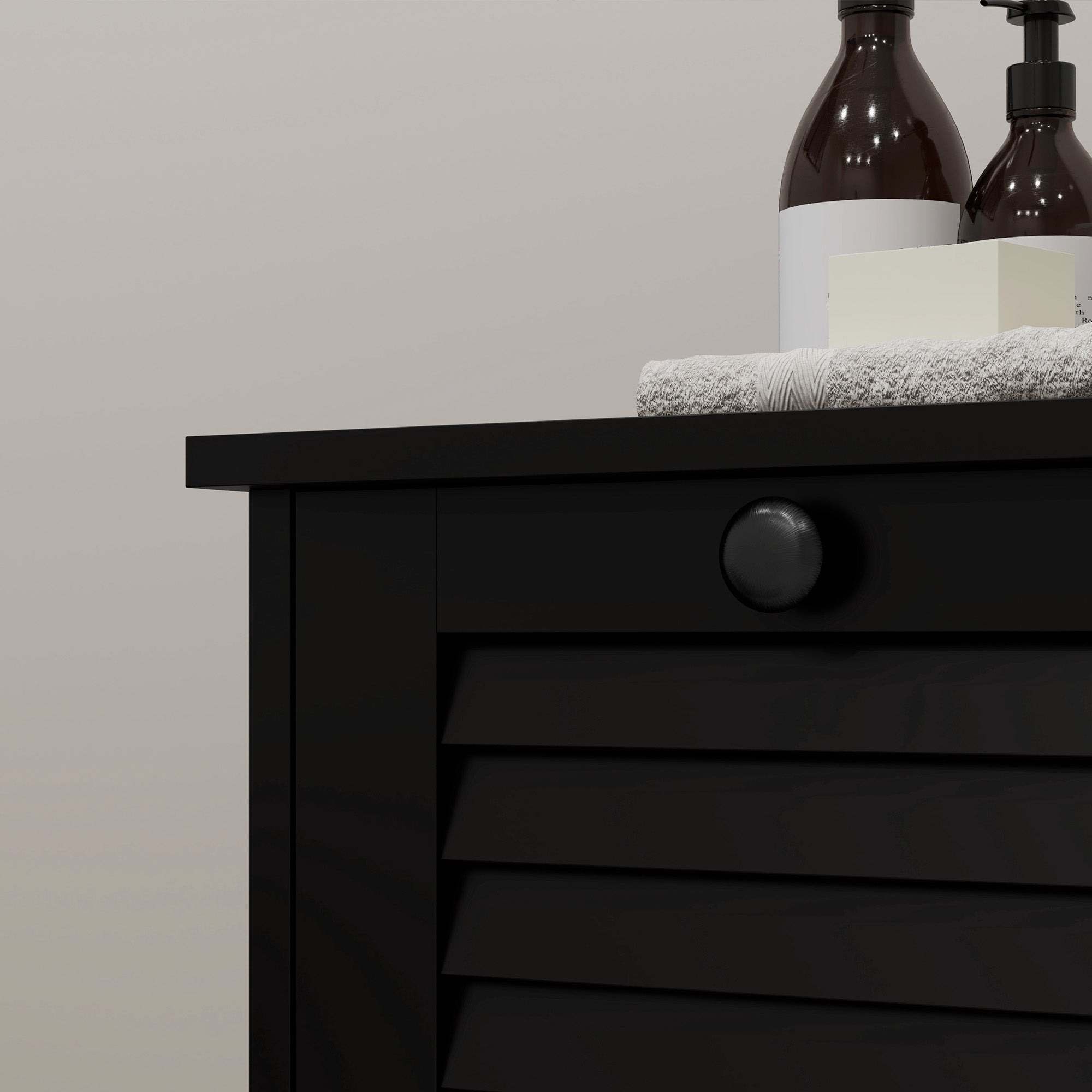 Tilt Out Laundry Cabinet, Laundry Basket Cabinet with 2 Baskets and 2 Louvered Doors, Black Bathroom Cabinets at Gallery Canada