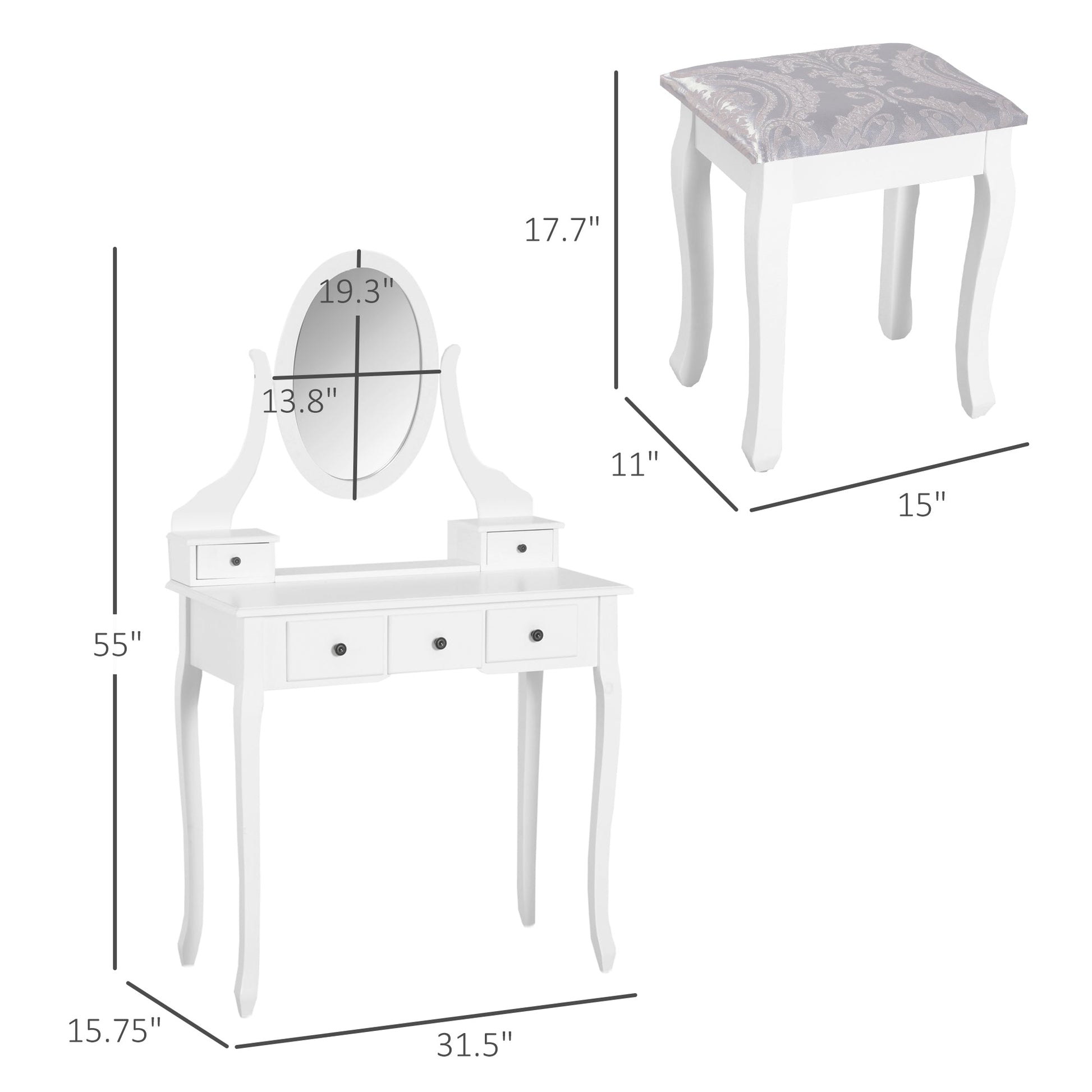 Wooden Vanity Table Set, Makeup Dressing Table with 360° Rotating, 5 Drawers and Padded Stool, White Dressing & Vanity Tables   at Gallery Canada