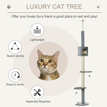 4-Tier Floor to Ceiling Cat Tree, Tall Cat Tower with Scratching Post, Plush Padding, Toy Ball, Cat Condo for Indoor Cats, Light Grey Floor to Ceiling Cat Trees   at Gallery Canada