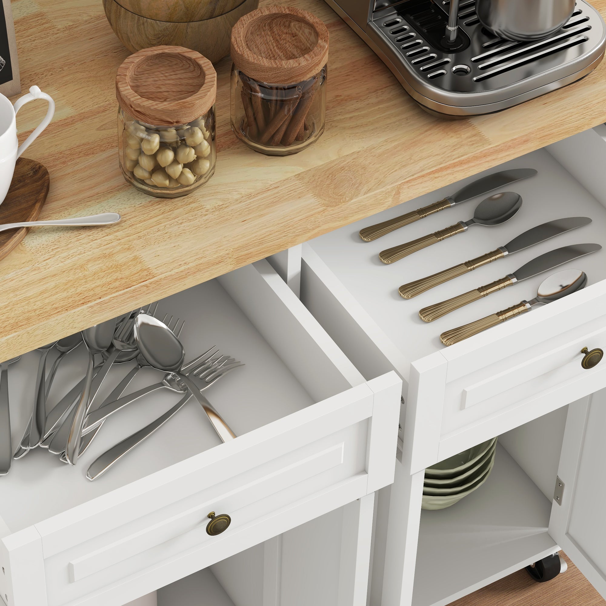 Kitchen Island with Storage, Rolling Trolley Cart with Rubber Wood Top, Spice Rack, Towel Rack, Cream White Kitchen Islands & Kitchen Carts   at Gallery Canada