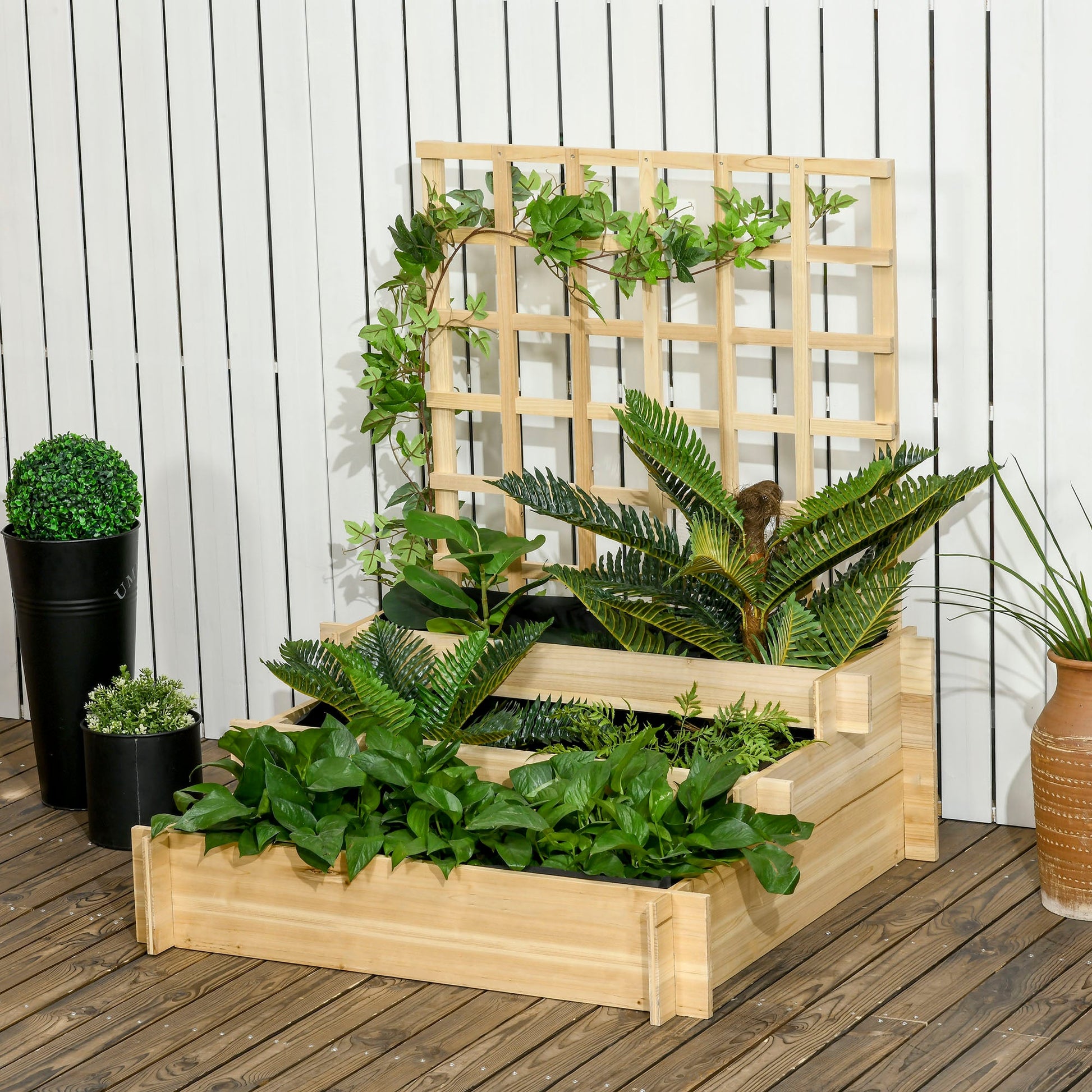 Wooden Elevated Planter Box with Trellis for Climbing Plants, 3 Tier Raised Garden Bed for Garden, Outdoor, Natural Raised Garden Beds   at Gallery Canada