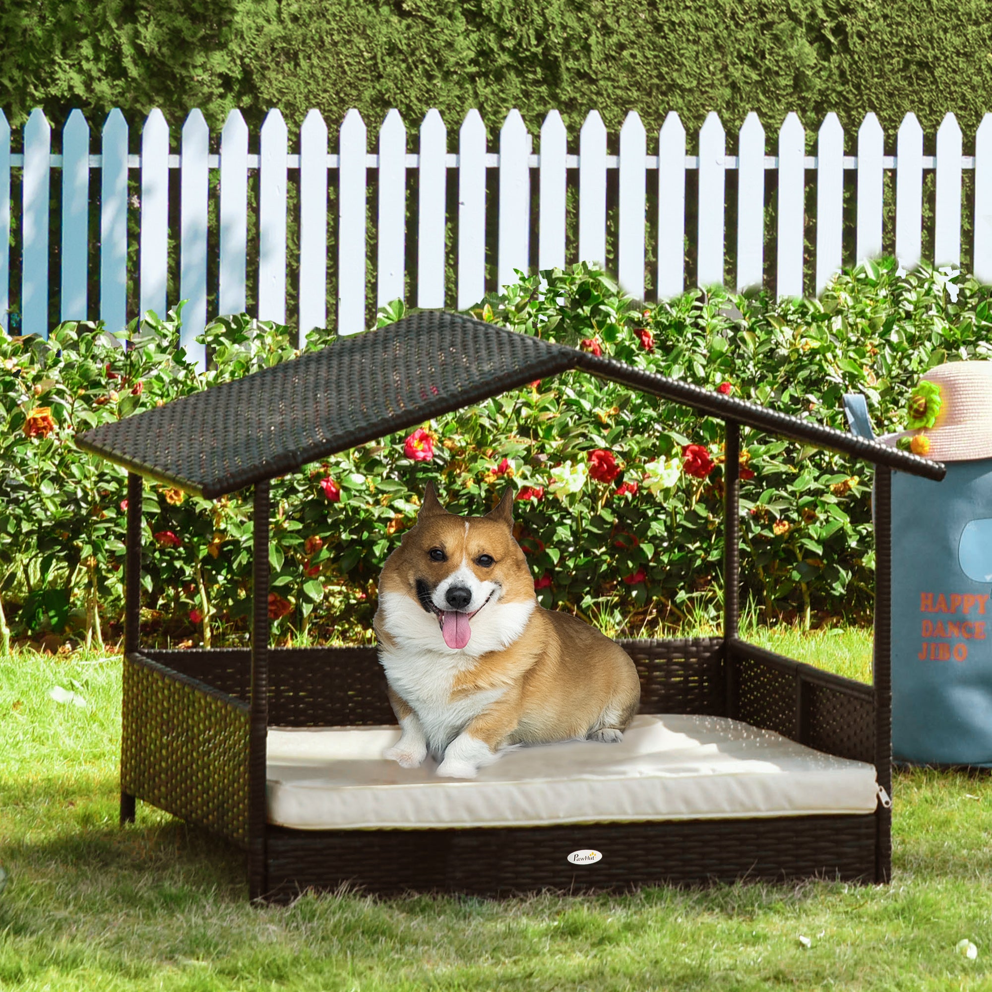 Elevated Rattan Dog House Outdoor with Canopy, Wicker Dog Bed with Water-Resistant Cushion, for Small and Medium Dogs Cream White Houses, Kennels & Pens at Gallery Canada