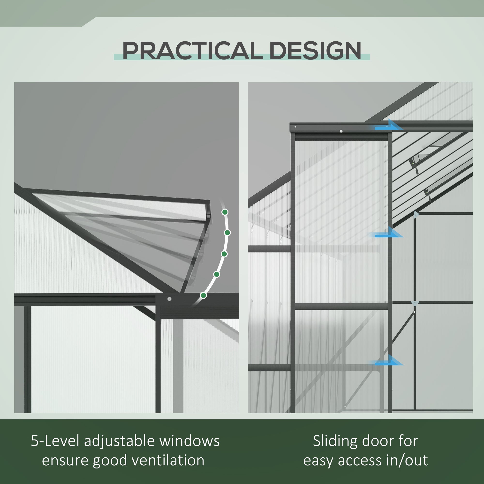 20' x 8' Aluminum Polycarbonate Greenhouse Walk-in Garden Greenhouse Kit with Adjustable Roof Vent, Rain Gutter and Sliding Door for Winter, Black Walk In Greenhouses at Gallery Canada